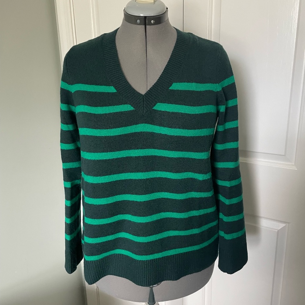 LOFT Green V-Neck Striped Sweater